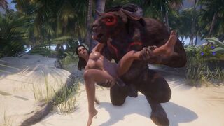 A busty girl is getting fucked by two monster cocks in an intense 3D scene